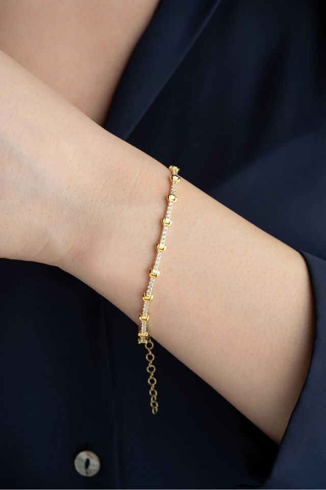 925 Ayar Gümüş Sırataşlı Bileklik Gold - Tek Ebat