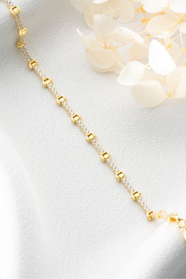 925 Ayar Gümüş Sırataşlı Bileklik Gold - Tek Ebat