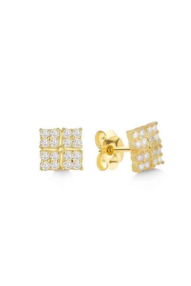 925 Ayar Gold Zirkon Taşlı Gümüş Küpe Gold
