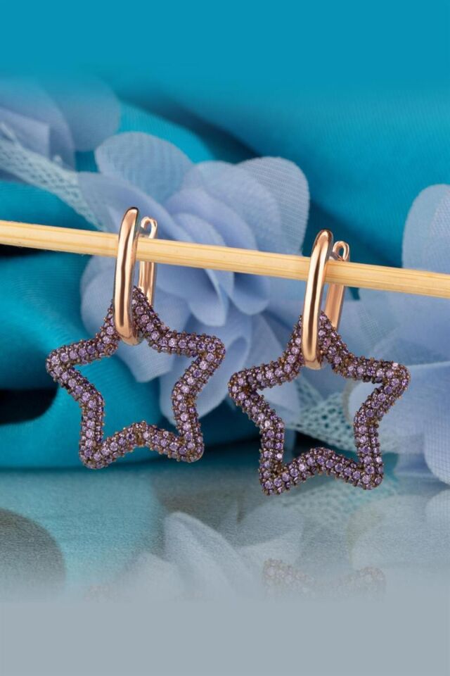 925 Ayar Gümüş Mor Taşlı Yıldız Küpe