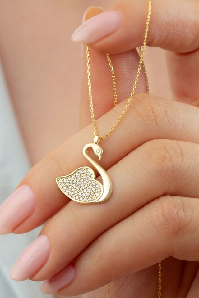 925 Ayar Gümüş Kuğu Kolye Gold - Tek Ebat