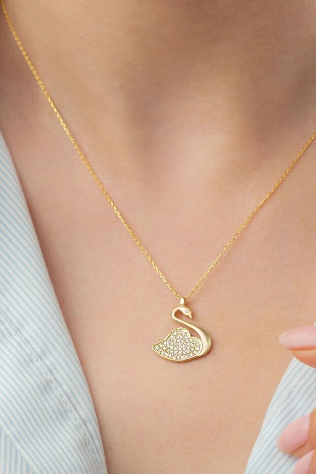 925 Ayar Gümüş Kuğu Kolye Gold - Tek Ebat