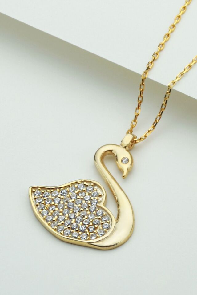 925 Ayar Gümüş Kuğu Kolye Gold - Tek Ebat