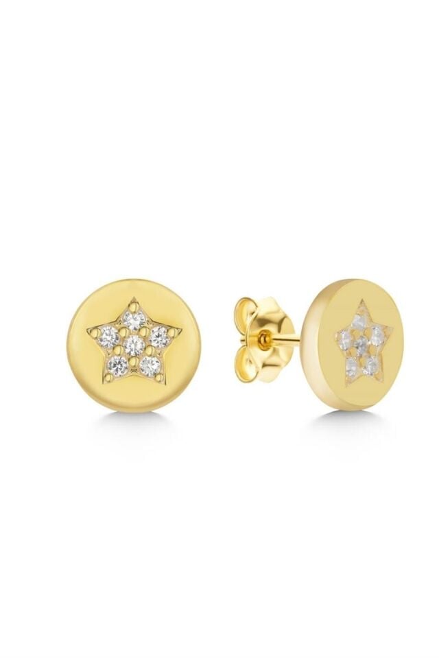 925 Ayar Gold Zirkon Taşlı Yıldız Gümüş Küpe Gold