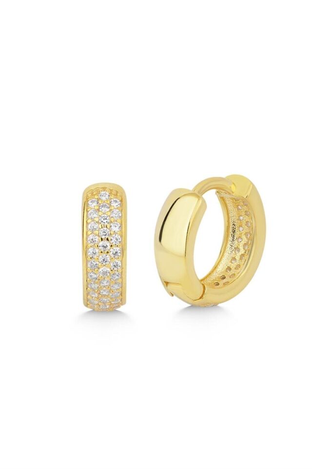 925 Ayar Gold Zirkon Taşlı Halka Gümüş Küpe Gold