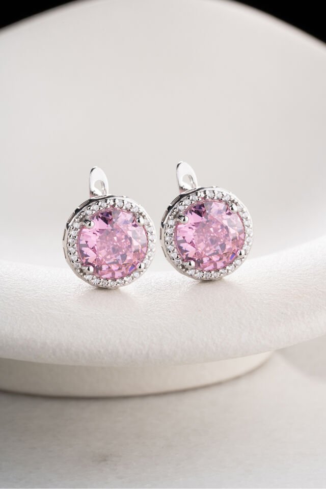 925 Ayar Gümüş Zirkon Pembe Taşlı Yuvarlak Model Küpe