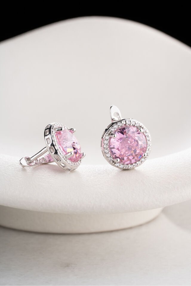 925 Ayar Gümüş Zirkon Pembe Taşlı Yuvarlak Model Küpe