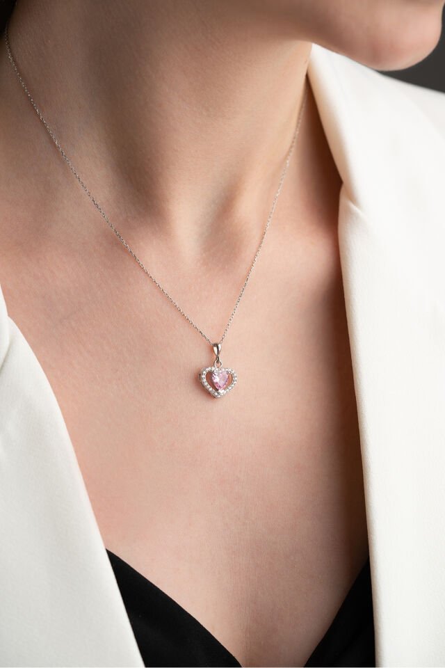 925 Ayar Gümüş Işıklı Kutuda Pembe Taşlı Kalp Kolye Silver - Tek Ebat