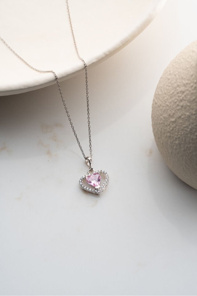 925 Ayar Gümüş Işıklı Kutuda Pembe Taşlı Kalp Kolye Silver - Tek Ebat