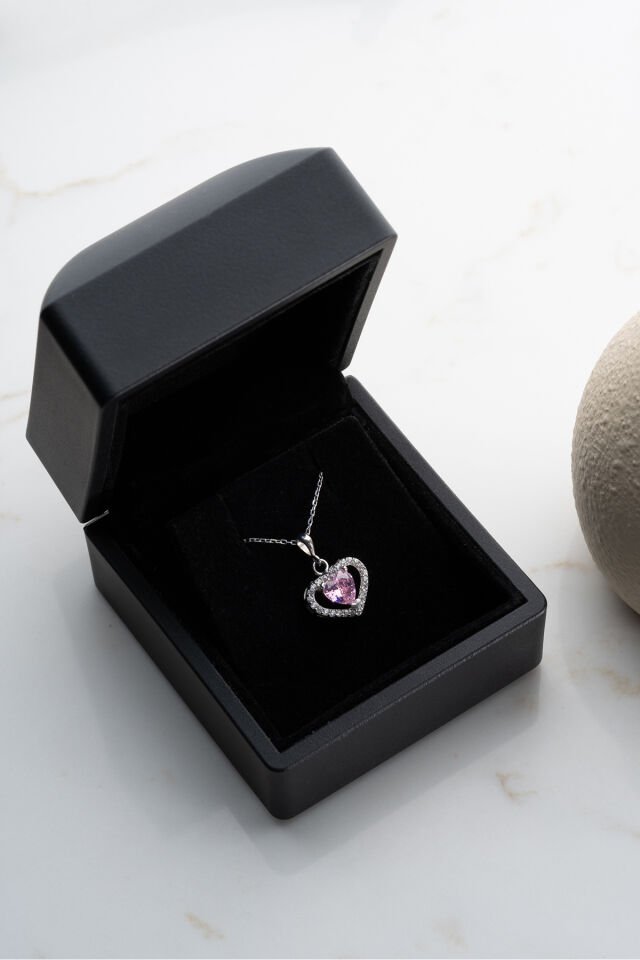 925 Ayar Gümüş Işıklı Kutuda Pembe Taşlı Kalp Kolye Silver - Tek Ebat