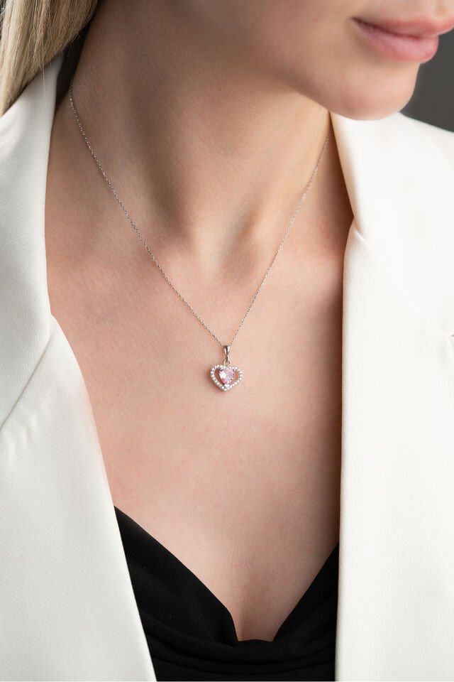 925 Ayar Gümüş Işıklı Kutuda Pembe Taşlı Kalp Kolye Silver - Tek Ebat