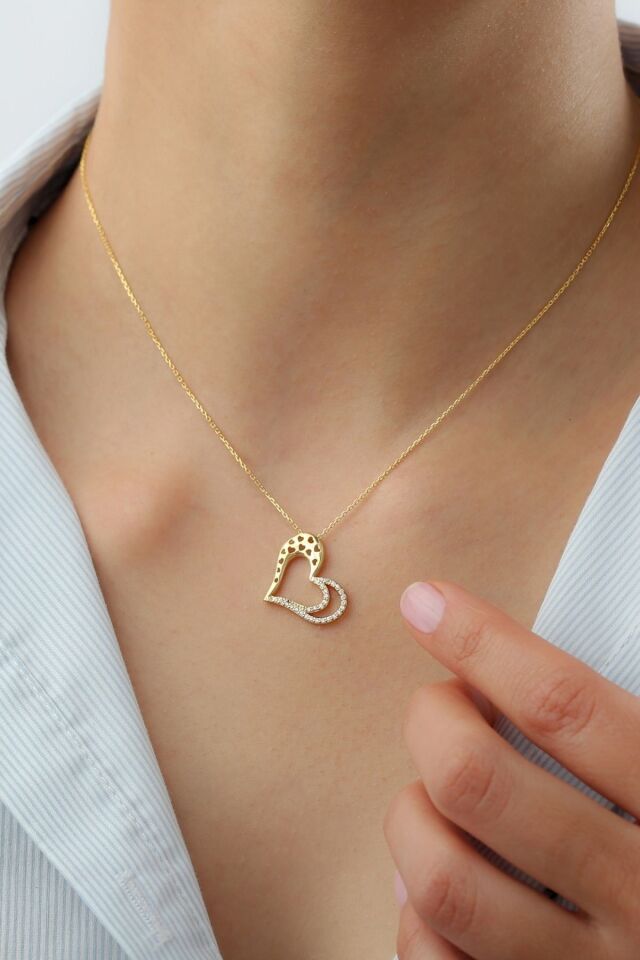 925 Ayar Gümüş Kalpli Kolye Gold - Tek Ebat