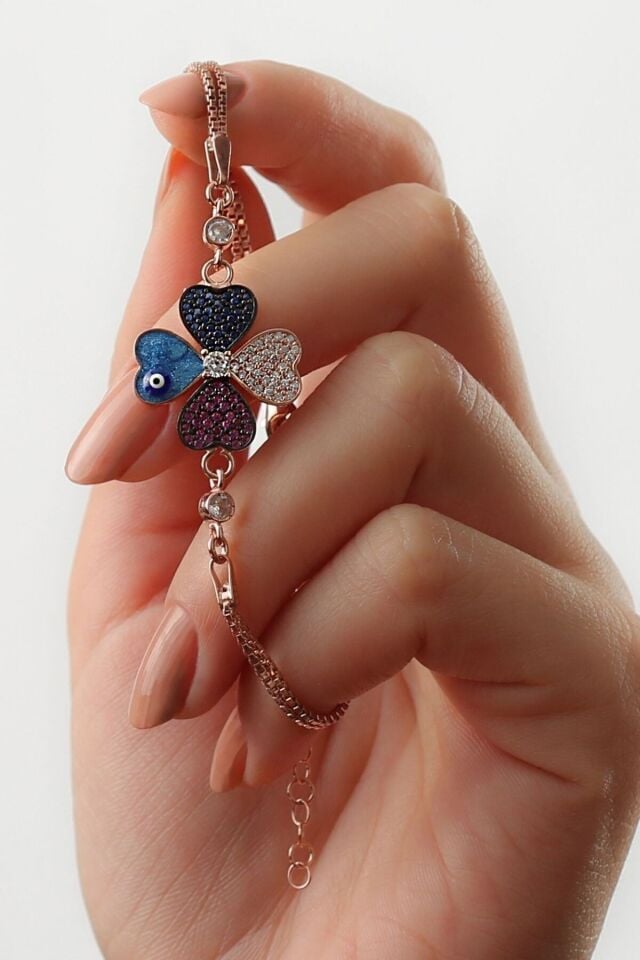 925 Ayar Rose Renkli Yonca Gümüş Bileklik