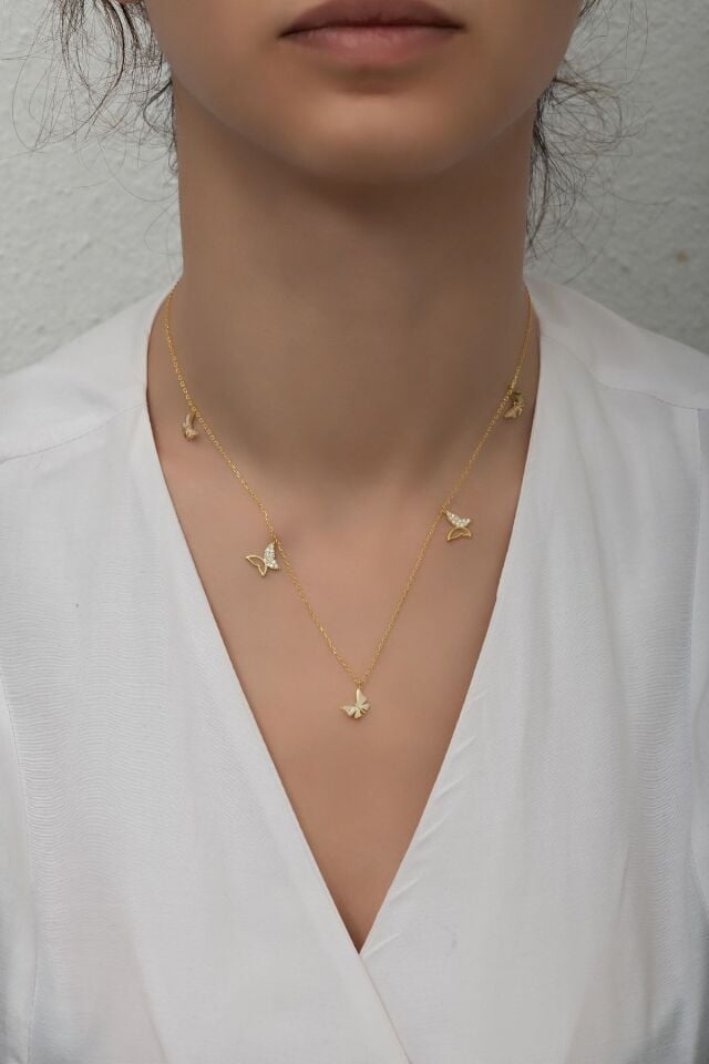 925 Ayar Gümüş Gold Kelebek Şans Kolye