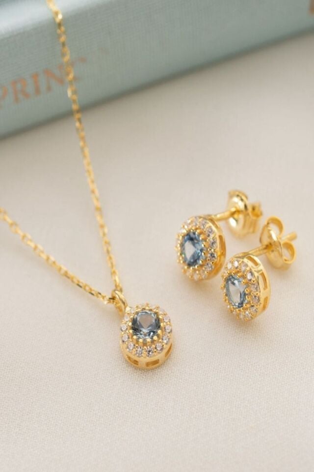 925 Ayar Gümüş Mart Ayı Doğum Taşı ( Aquamarine ) Kolye - Küpe Seti Gold - Tek Ebat