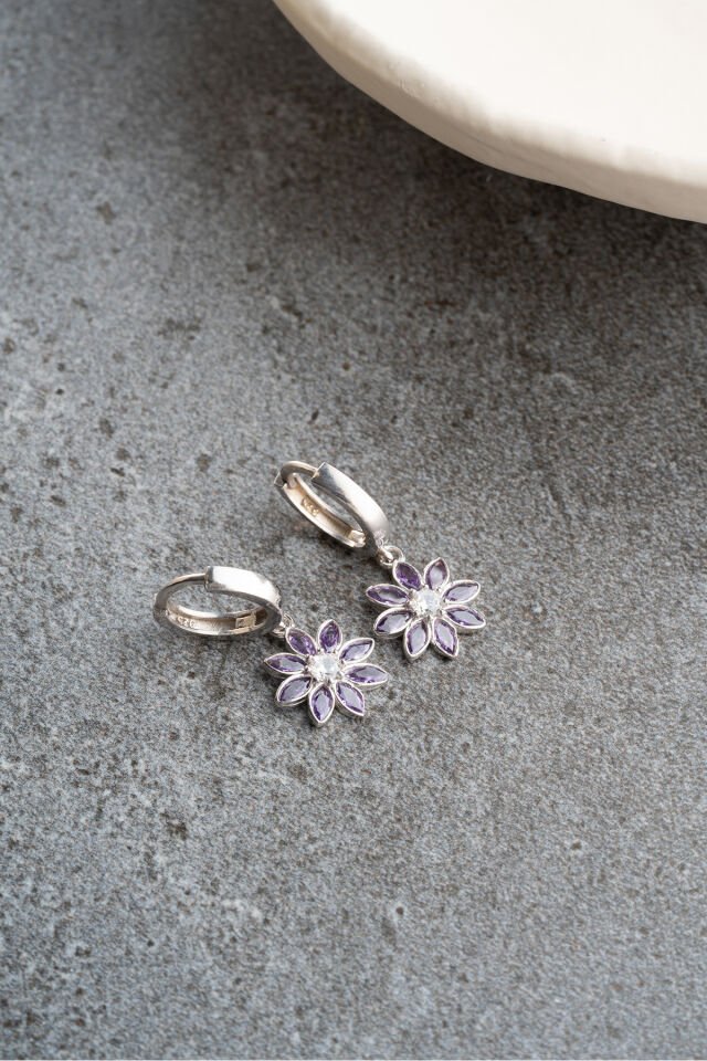 925 Ayar Gümüş Halkalı Mor Taşlı Lotus Küpe Silver - Tek Ebat