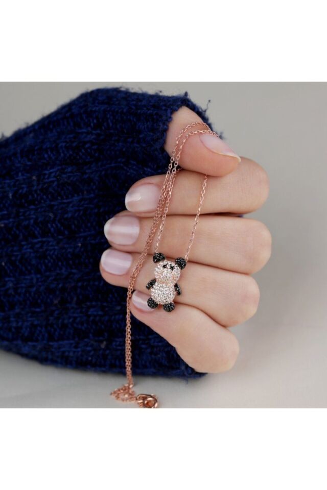 925 Ayar Rose Siyah Beyaz Taşlı Panda Gümüş Kolye