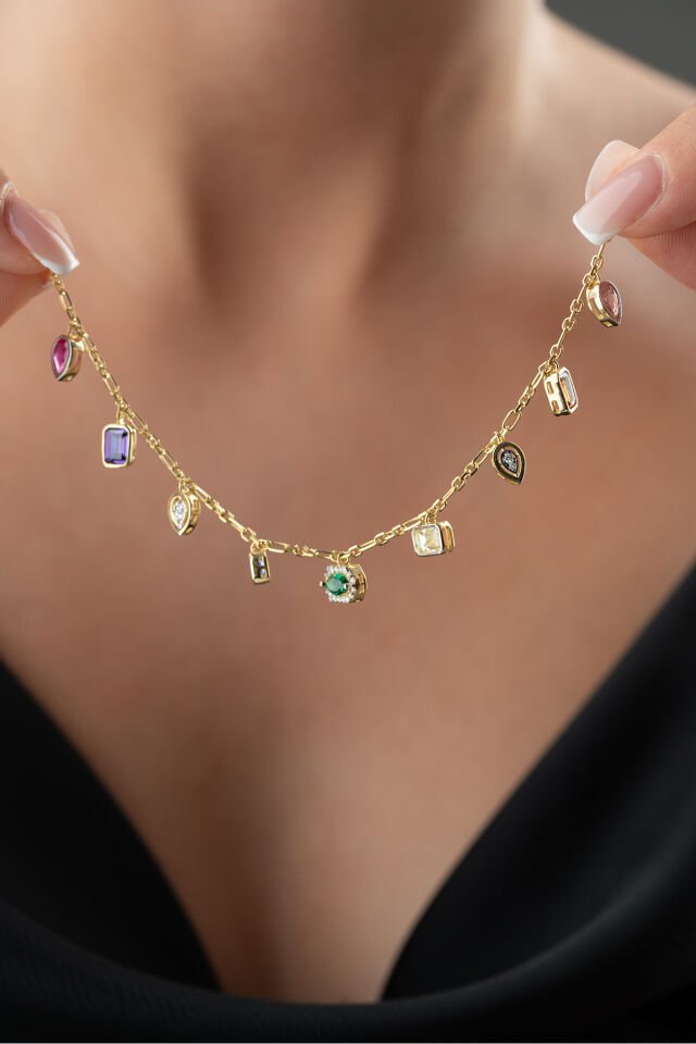 925 Ayar Gümüş Taşlı Trend Model Kolye Sarı - Tek Ebat