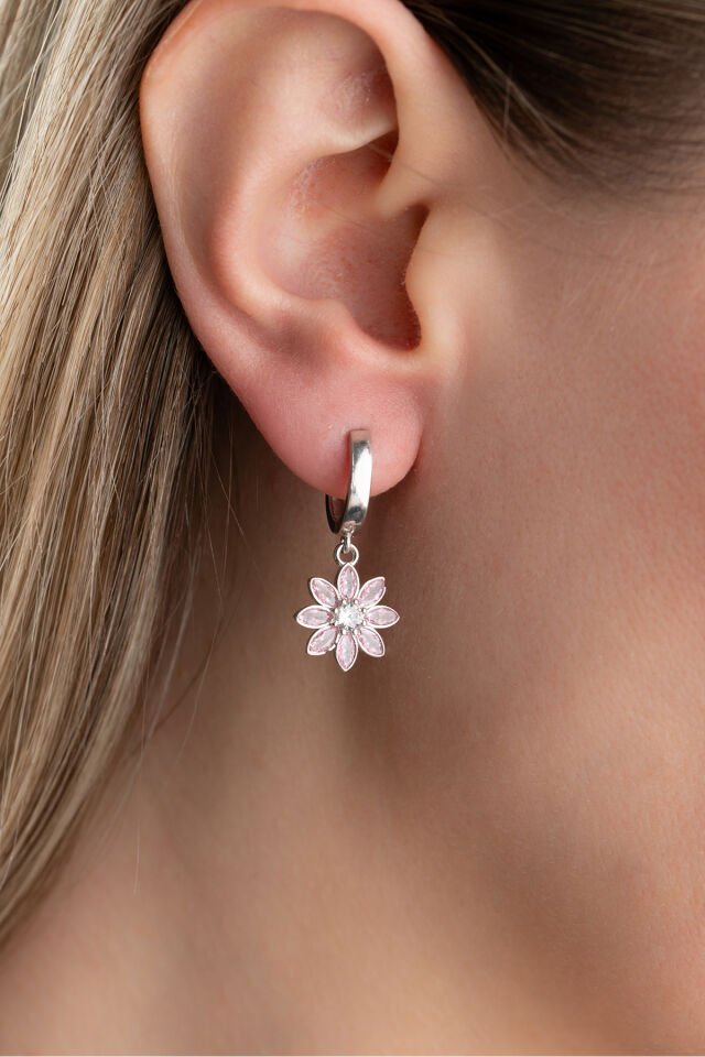925 Ayar Gümüş Halkalı Pembe Taşlı Lotus Küpe silver - Tek Ebat