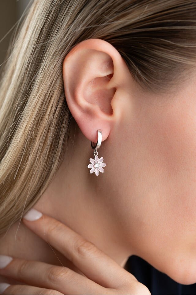 925 Ayar Gümüş Halkalı Pembe Taşlı Lotus Küpe silver - Tek Ebat