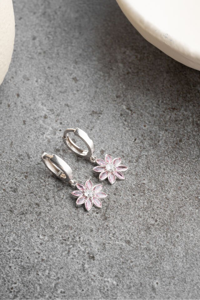 925 Ayar Gümüş Halkalı Pembe Taşlı Lotus Küpe silver - Tek Ebat