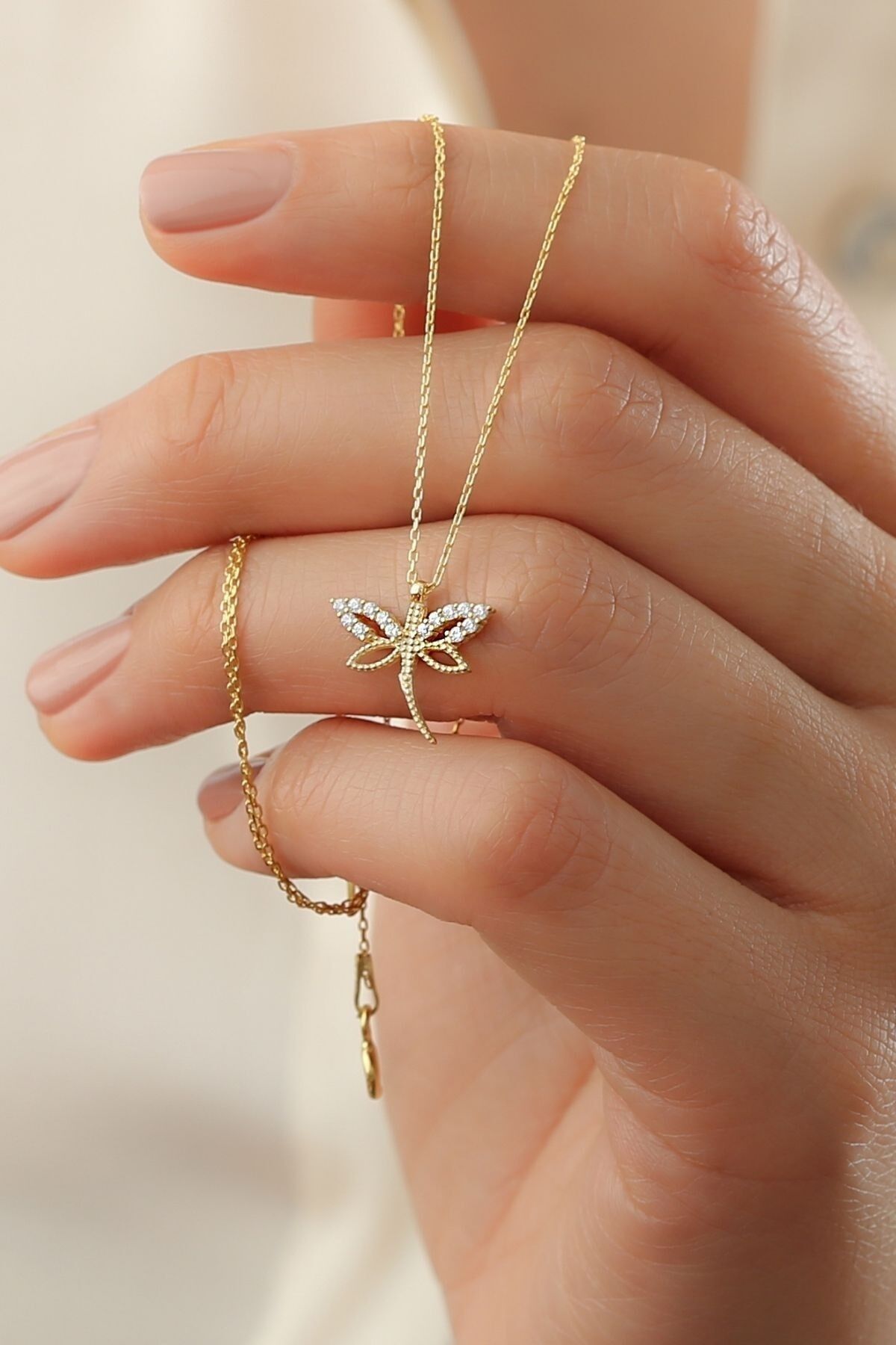 925 Ayar Gümüş Gold Zirkon Taşlı Minimal Yusufçuk Kolye