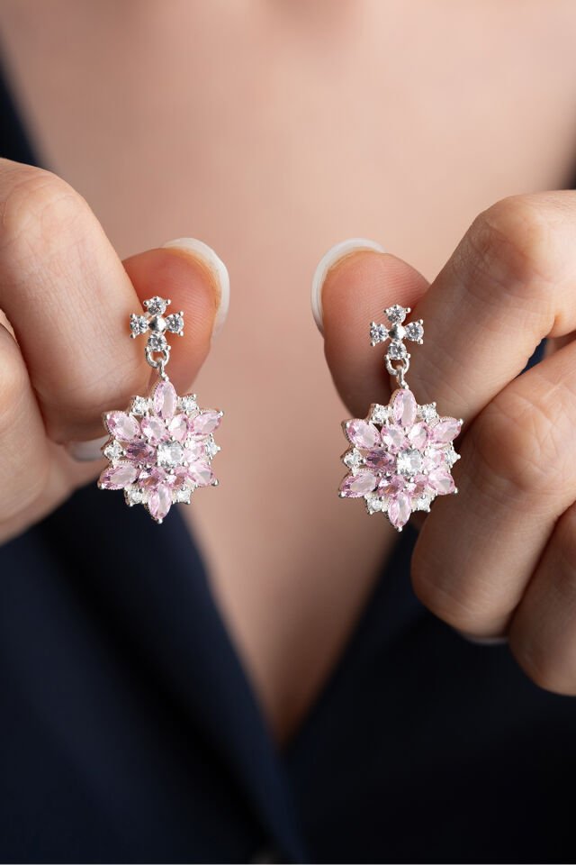 925 Ayar Gümüş Pembe Oval Taşlı Lotus Küpe Silver - Tek Ebat