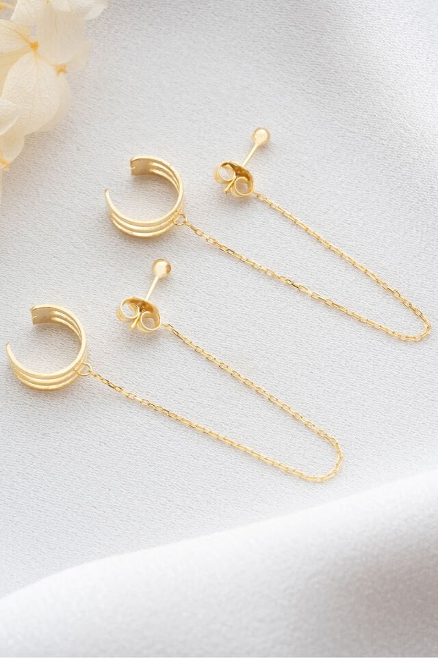 925 Ayar Gümüş Sallantılı Kıkırdak Küpe Gold - Tek Ebat
