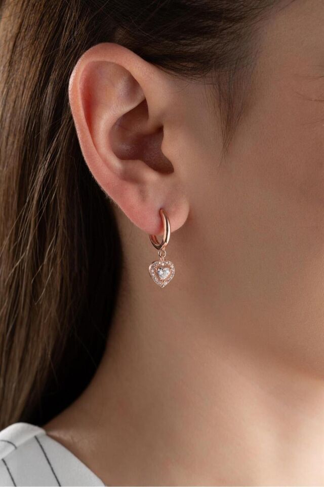 925 Ayar Rose Sallantılı Kalp Gümüş Küpe Rose