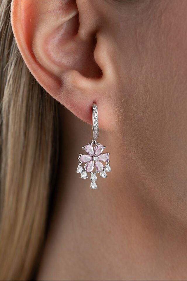 925 Ayar Gümüş Pembe Taşlı Lotus Küpe