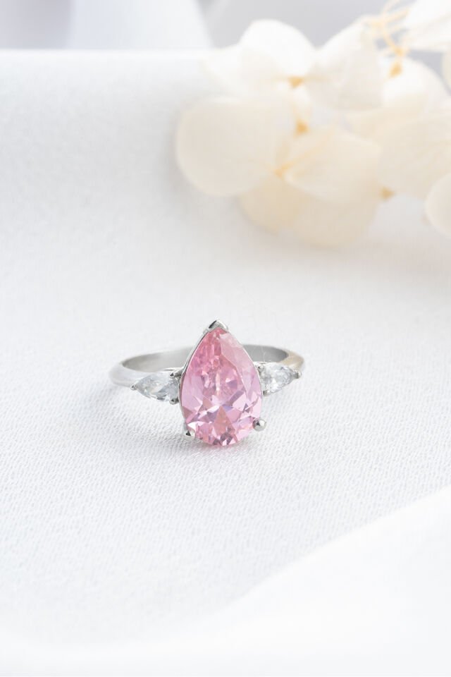 925 Ayar Gümüş Pembe Damla Taşlı Yüzük Silver - 18