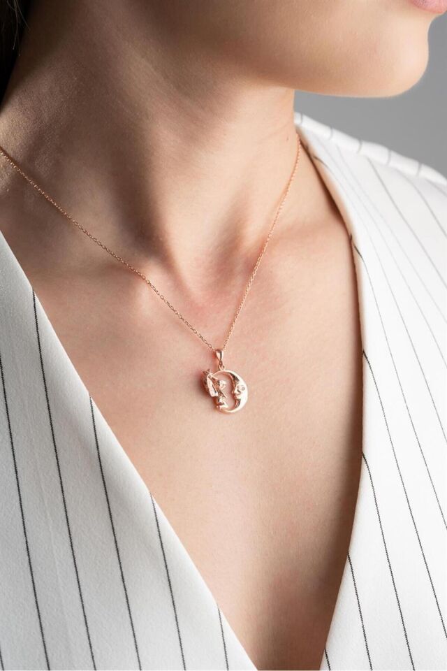 925 Ayar Rose Perili Hilal Gümüş Kolye