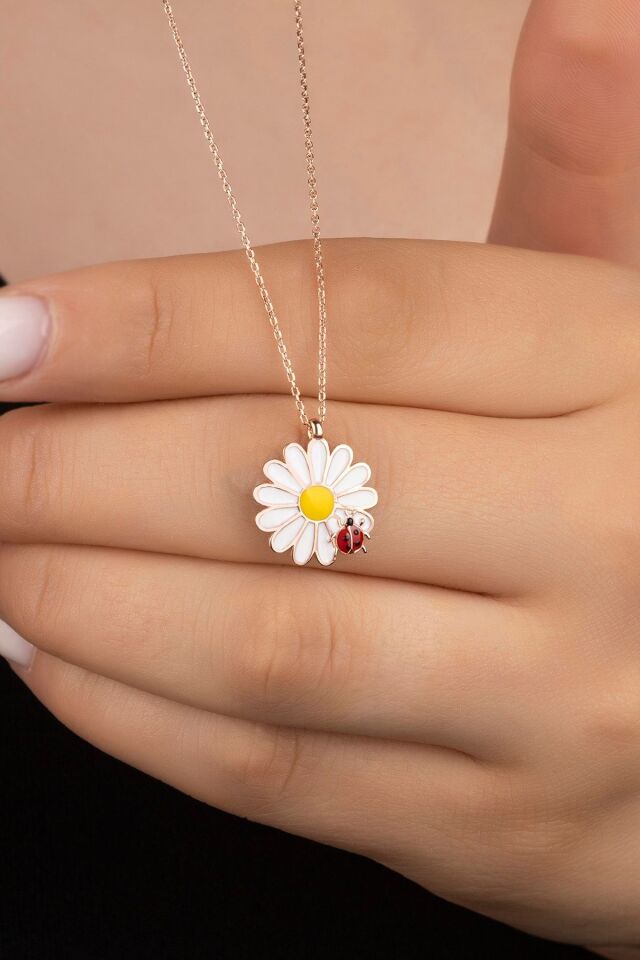 925 Ayar Gümüş Rose Uğur Böceği Papatya Kolye