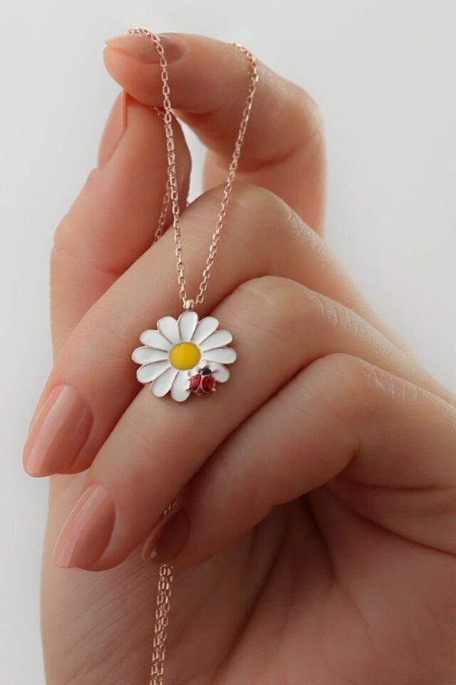 925 Ayar Gümüş Rose Uğur Böceği Papatya Kolye