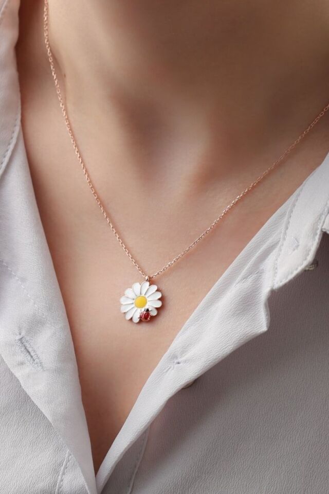925 Ayar Gümüş Rose Uğur Böceği Papatya Kolye