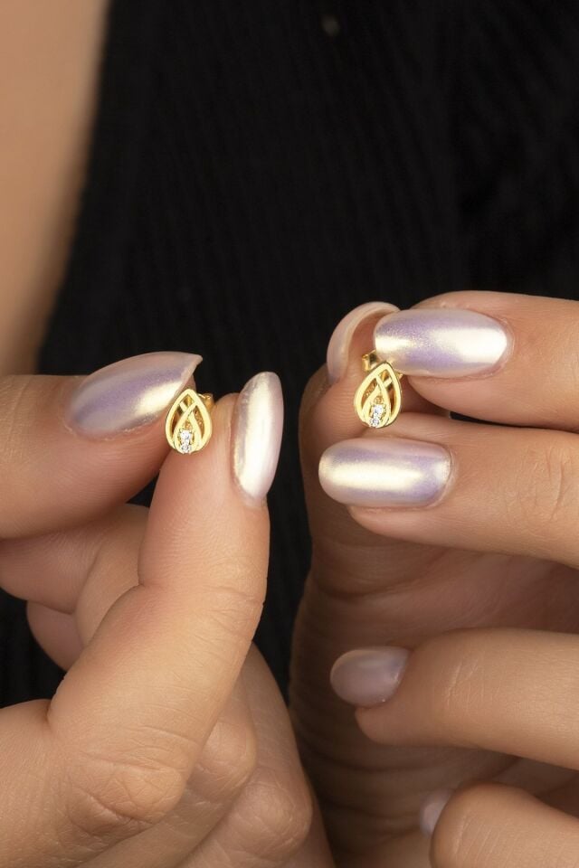 925 Ayar Gold Zirkon Taşlı Damla Gümüş Küpe Gold