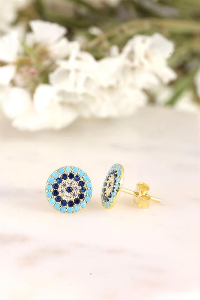 925 Ayar Gümüş Gold Zirkon Taşlı Nazar Küpe Gold