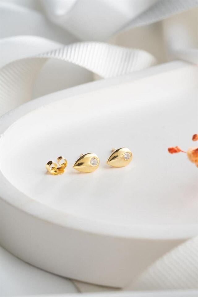 925 Ayar Gold Damla Gümüş Küpe Gold