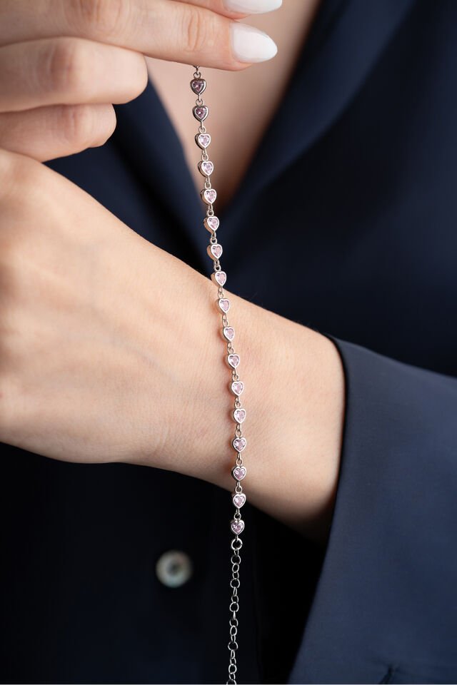 925 Ayar Gümüş Kalpli Pembe Su Yolu Bileklik Silver - Tek Ebat