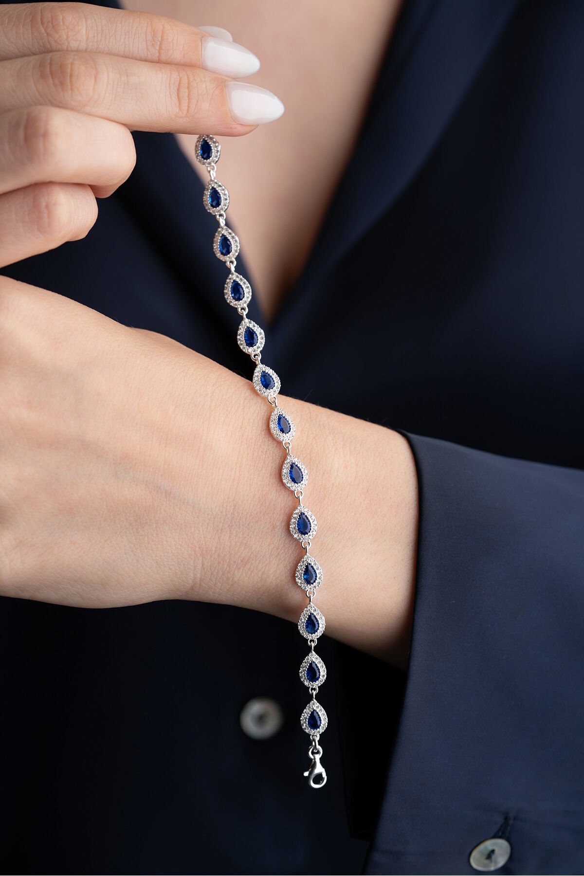 925 Ayar Gümüş Su Yolu Damla Safir Taşlı Bileklik Silver - Tek Ebat