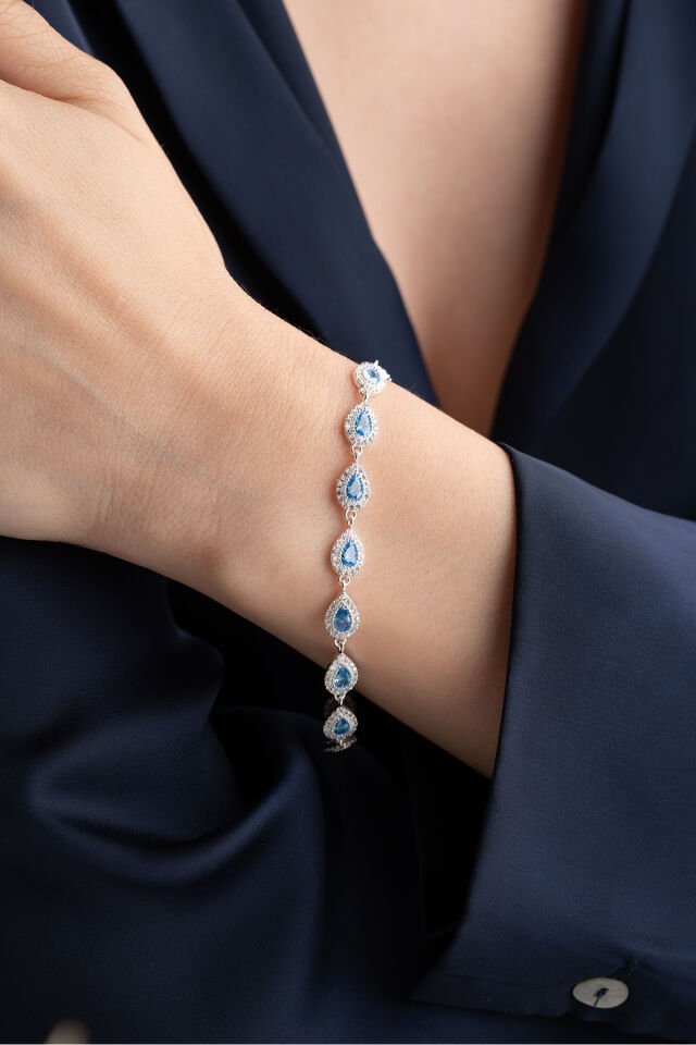 925 Ayar Gümüş Su Yolu Damla Aqua Taşlı Bileklik Silver - Tek Ebat