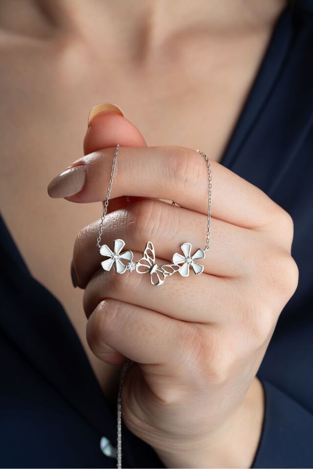925 Ayar Gümüş Kelebekli Çiçek Kolye Silver - Tek Ebat