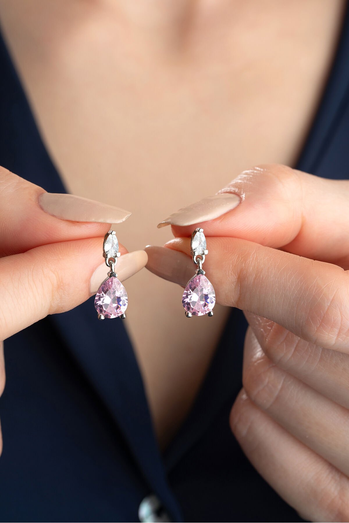925 Ayar Gümüş Pembe Damla Taşlı Küpe Silver - Tek Ebat