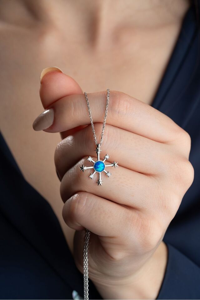925 Ayar Gümüş Opal Taşlı Kutup Yıldızı Kolye Silver - Tek Ebat