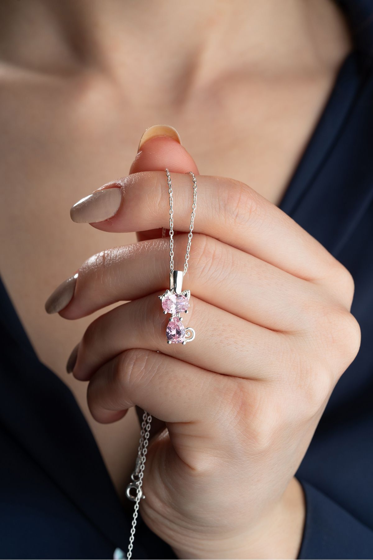 925 Ayar Gümüş Pembe Taşlı Kedi Kolye Silver - Tek Ebat