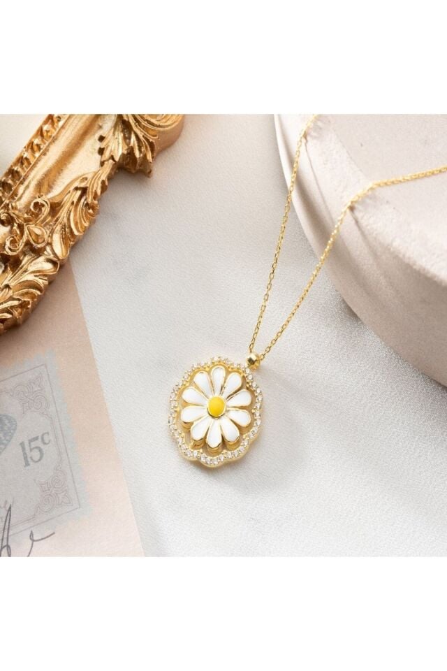 925 Ayar Taşlı Papatya Gold Gümüş Kolye