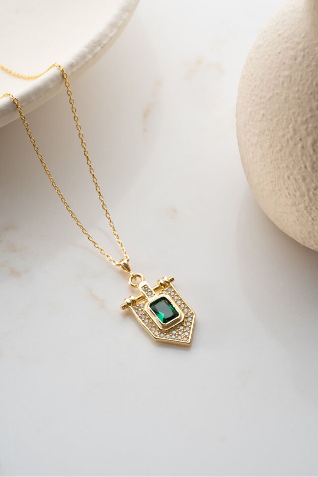 925 Ayar Gümüş Yeşil Taşlı Trend Kolye Gold - Tek Ebat