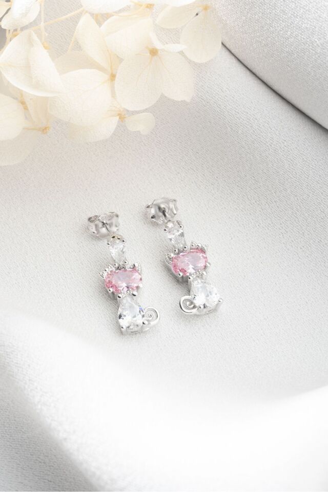 925 Ayar Gümüş Pembe Taşlı Kedi Küpe Silver - Tek Ebat