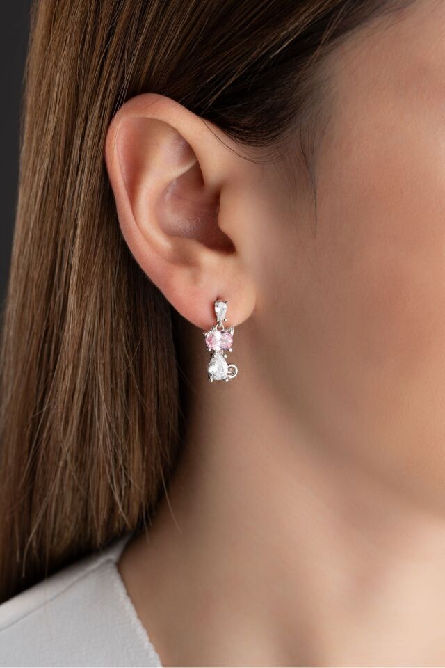 925 Ayar Gümüş Pembe Taşlı Kedi Küpe Silver - Tek Ebat