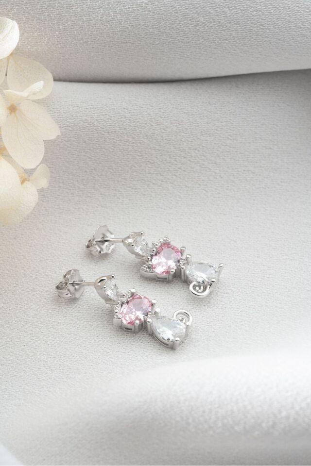 925 Ayar Gümüş Pembe Taşlı Kedi Küpe Silver - Tek Ebat
